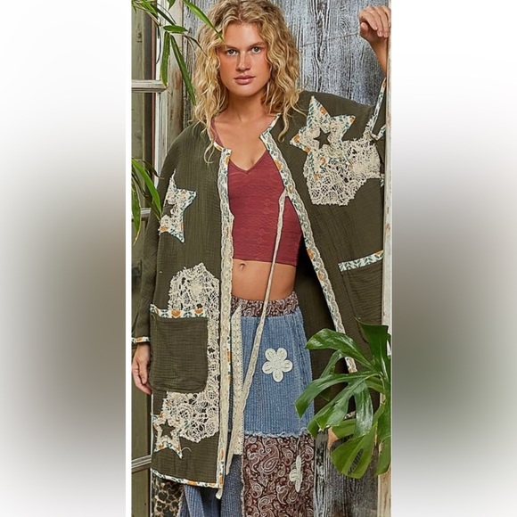 POL Star patchwork kimono crochet pocket Olive sage gray Patchwork Jacket - Picture 3 of 3